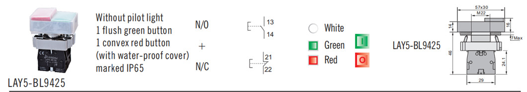 Detailed view of the double push button switch dimensions and contact configuration