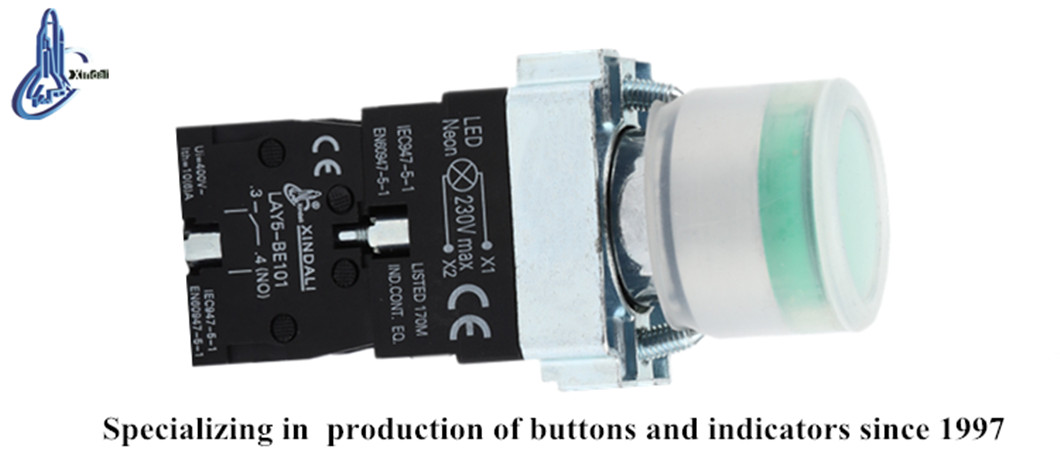 Close up of the push button switch showing terminal markings