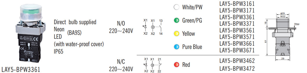 Technical diagram and color options for the push button switch