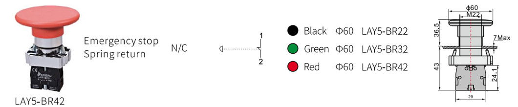 Technical diagram showing dimensions and mounting hole size for the mushroom head switch.