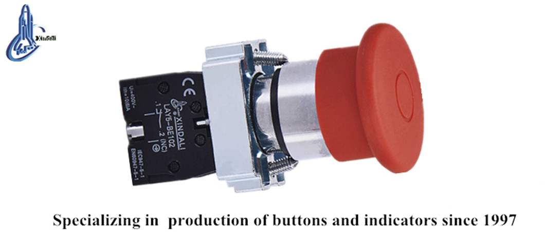Close up of the emergency stop switch with safety certification markings