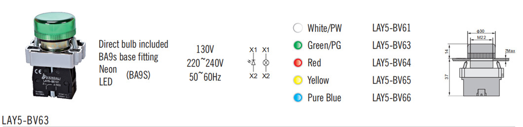 Technical drawing and specifications for LAY5-BV63 including dimensions and base fitting