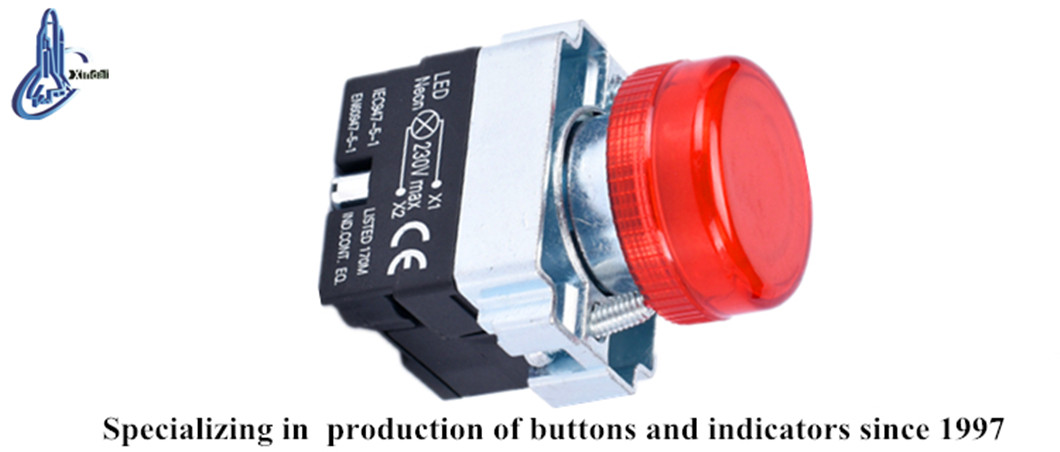 Close up of the metal push button switch with integrated LED indicator.
