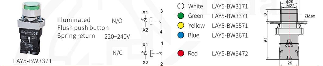 Diagram showing the physical dimensions and wiring configuration for the illuminated flush push button.