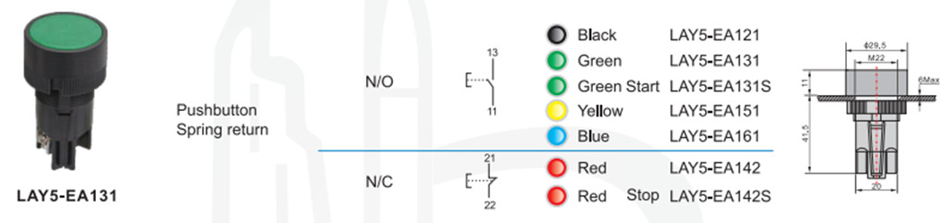 Diagram showing various push button models and dimensions