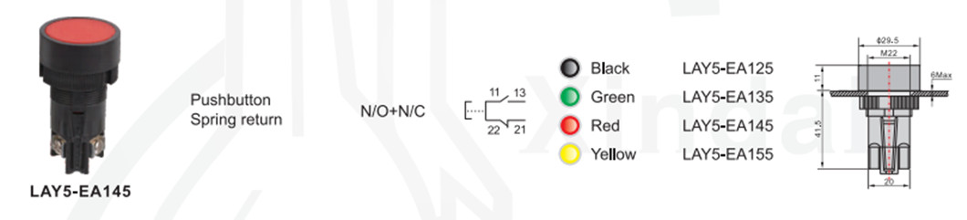 Technical diagram showing push button dimensions and contact configuration