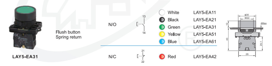 Technical diagram showing dimensions of the push button switch