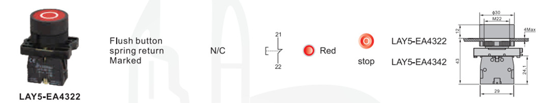 Technical diagram showing dimensions and contact layout for the push button switch