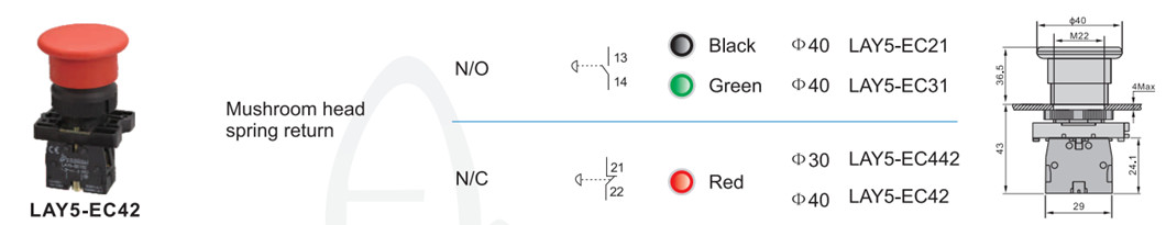 Diagram showing LAY5-EC42 dimensions and contact configurations