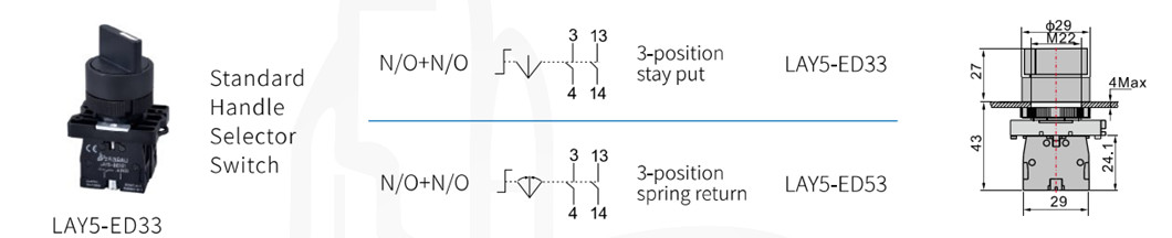 Technical drawing showing dimensions and installation measurements for the selector switch