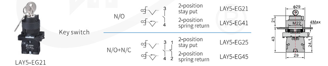 Technical diagram showing LAY5-EG21 dimensions and configurations