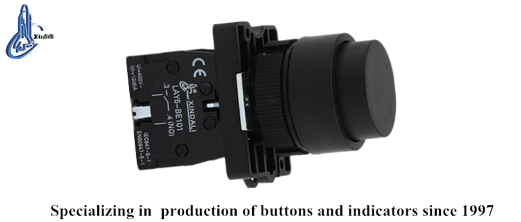 Close up of the LAY5-EL21 push button showing technical markings and contact configuration.