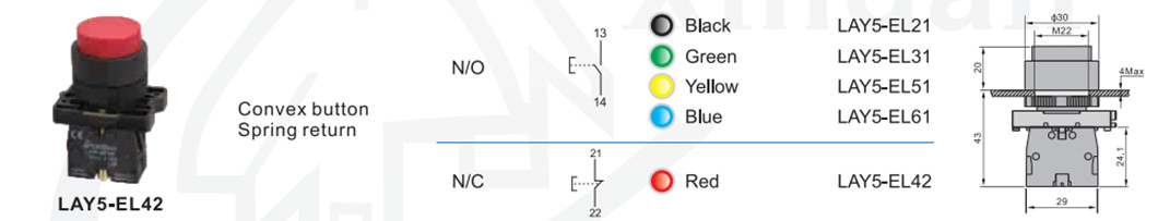 Dimensional drawing and variety of LAY5-EL series push buttons including black, green, yellow, blue, and red options.