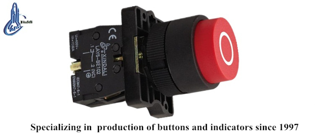 Close up of the push button switch showing technical labels and certifications