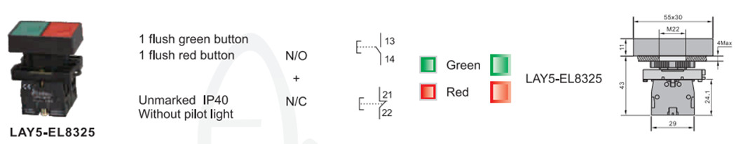 Technical diagram showing dimensions of the double head pushbutton switch
