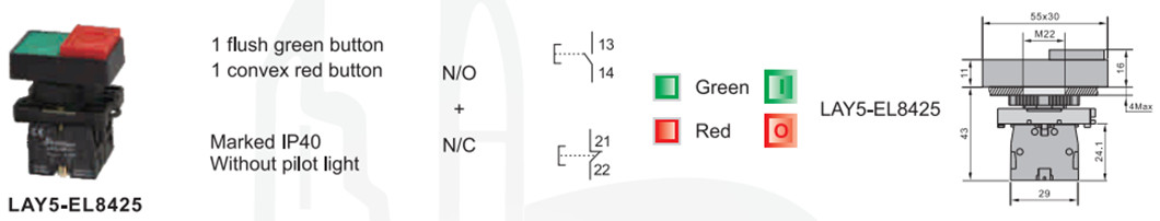 Technical diagram showing the double-head push button dimensions and contact layout