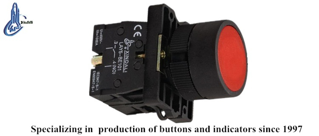 Close up of the push button switch showing technical markings