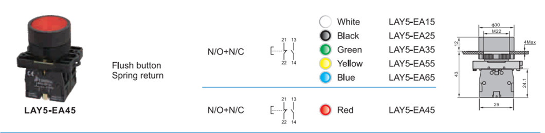 Diagram showing assembly and dimensions of the push button series