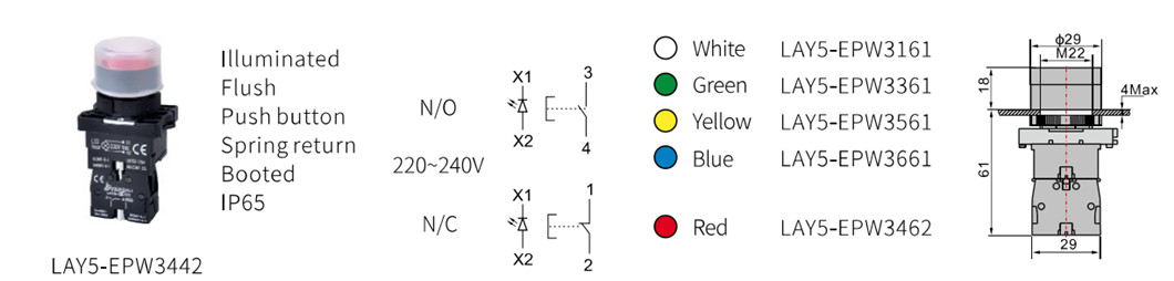 Illuminated flush push button with rubber boot and technical dimensions