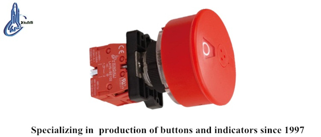 Close up of the red mushroom head emergency switch