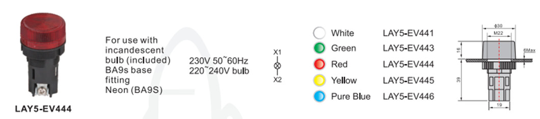 Technical diagram and color options for LAY5-EV444 pilot light
