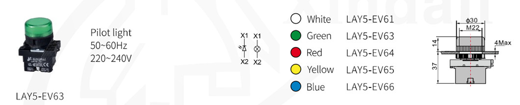 Technical diagram showing dimensions and color options for the LAY5-EV63 series