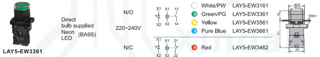 Technical drawing and specifications for LAY5-EW3361 indicator light showing dimensions and bulb type.