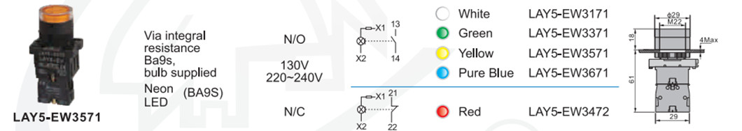 Diagram showing LAY5-EW3571 dimensions and configuration options