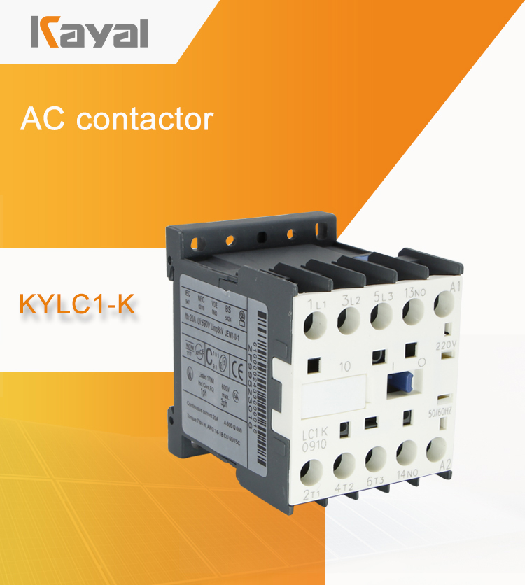 Close-up view of the AC contactor showing terminal labels and technical specifications