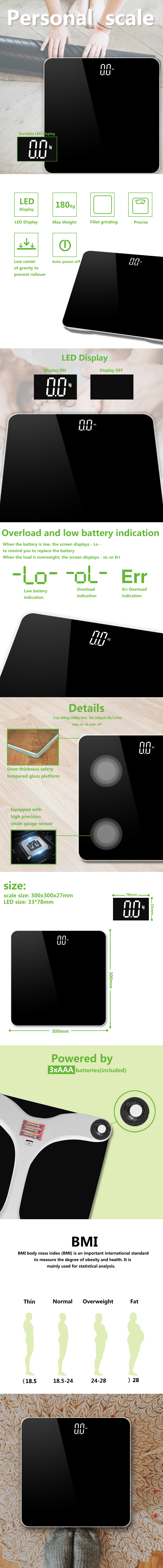 Digital body scale displaying features and technical specifications