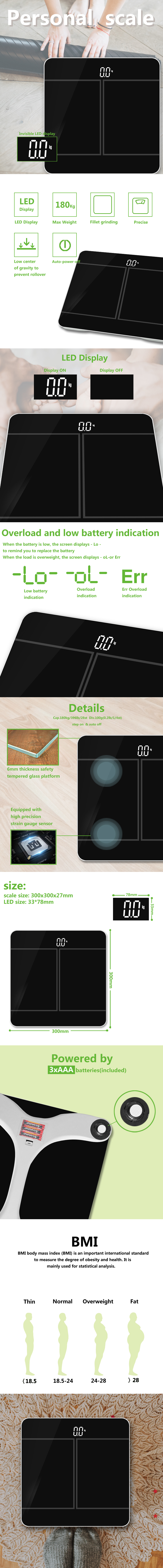 Detailed infographic showing scale dimensions, battery requirements, and BMI chart