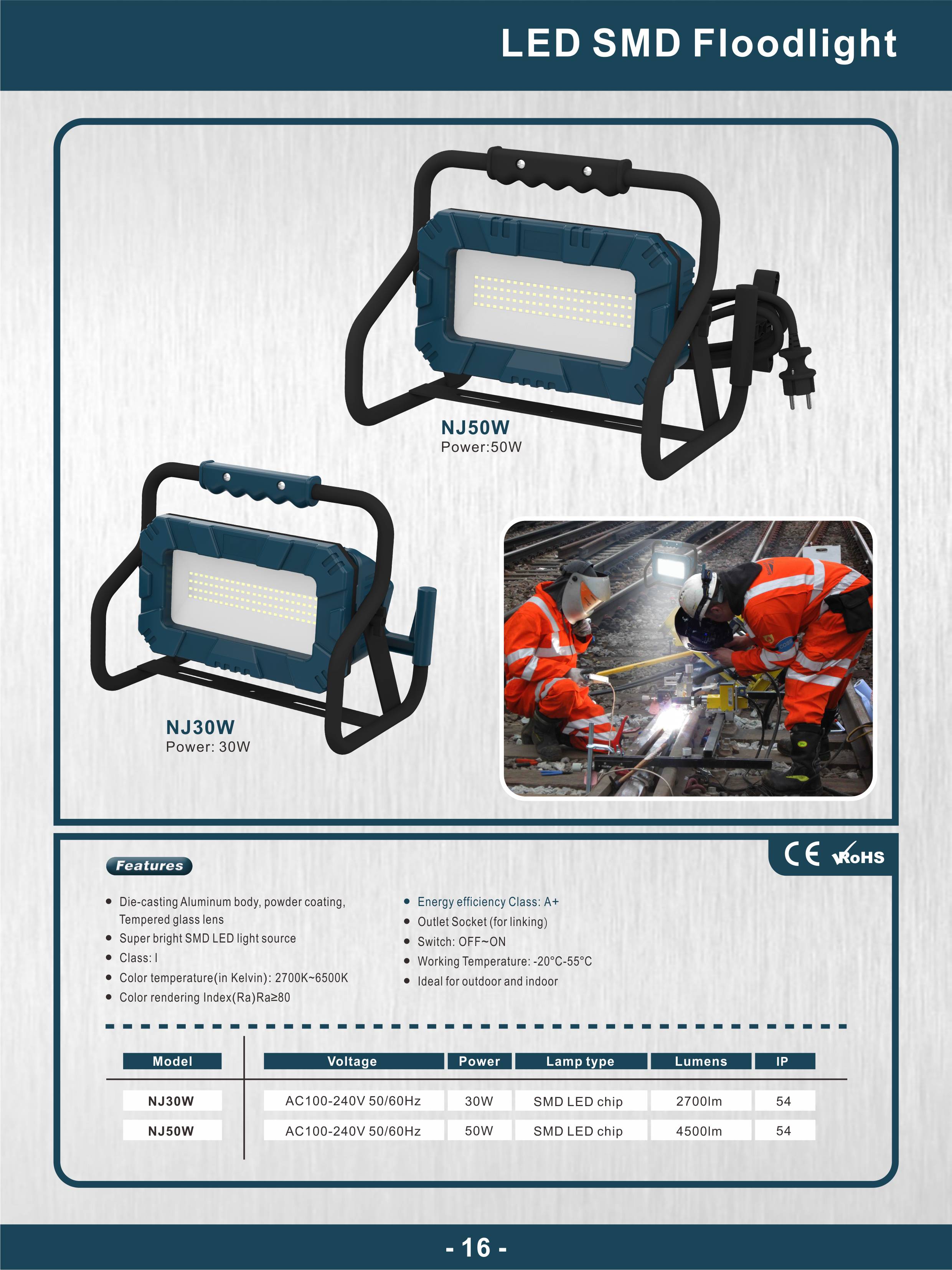 Technical specification sheet for the LED SMD Floodlight showing model comparisons and features.