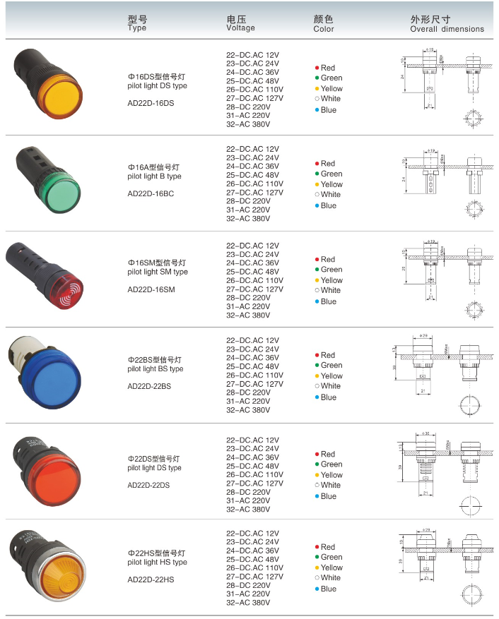 Technical diagram showing various AD22D series pilot light models and their specifications