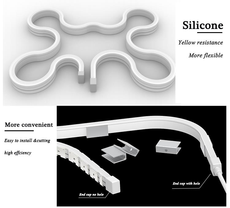 Flexible silicone LED neon strip showing cutting points and end caps