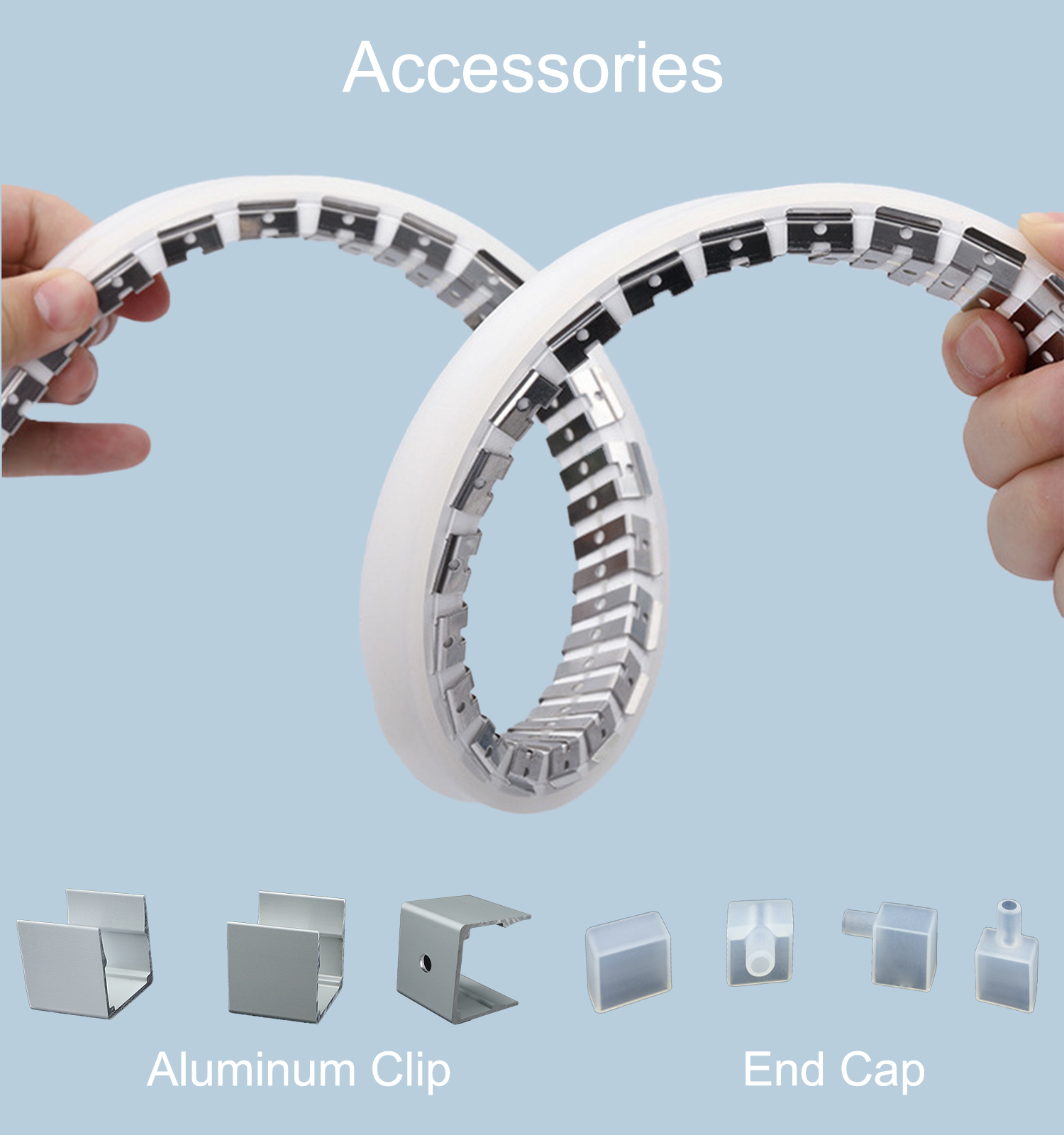 Mounting accessories including aluminum clips and end caps