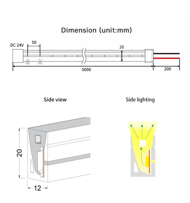 Technical diagram showing dimensions of the LED neon strip