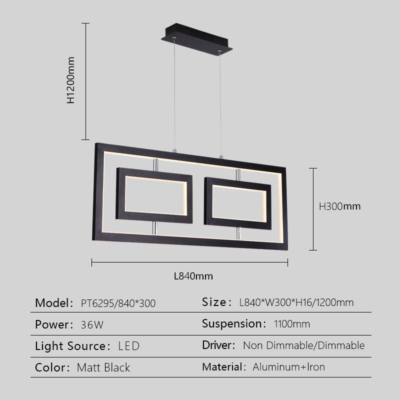 Technical diagram showing the dimensions and physical profile of the PT6295 geometric LED pendant light