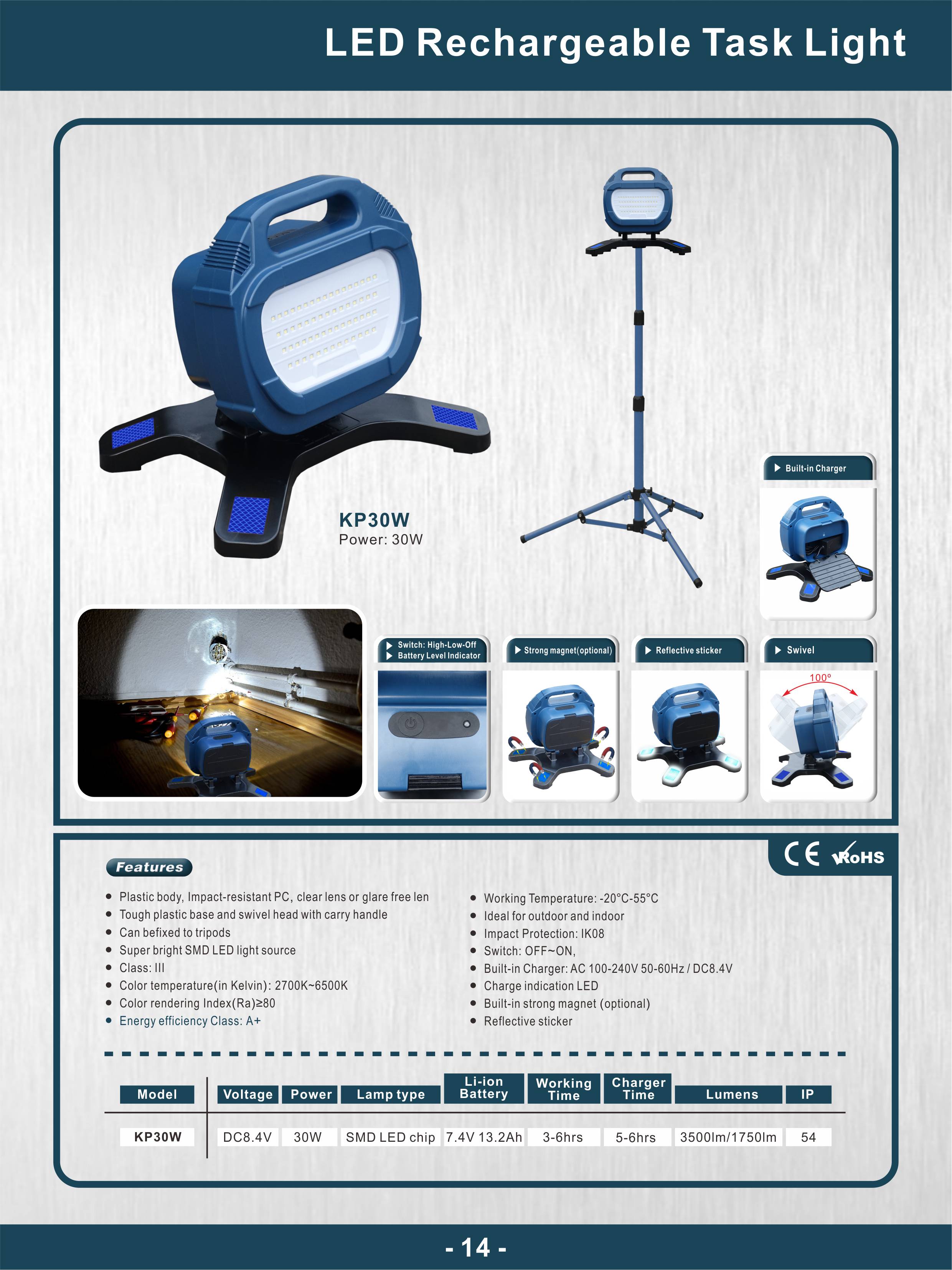 KP30W Rechargeable LED Task Light showing swivel head and handle design