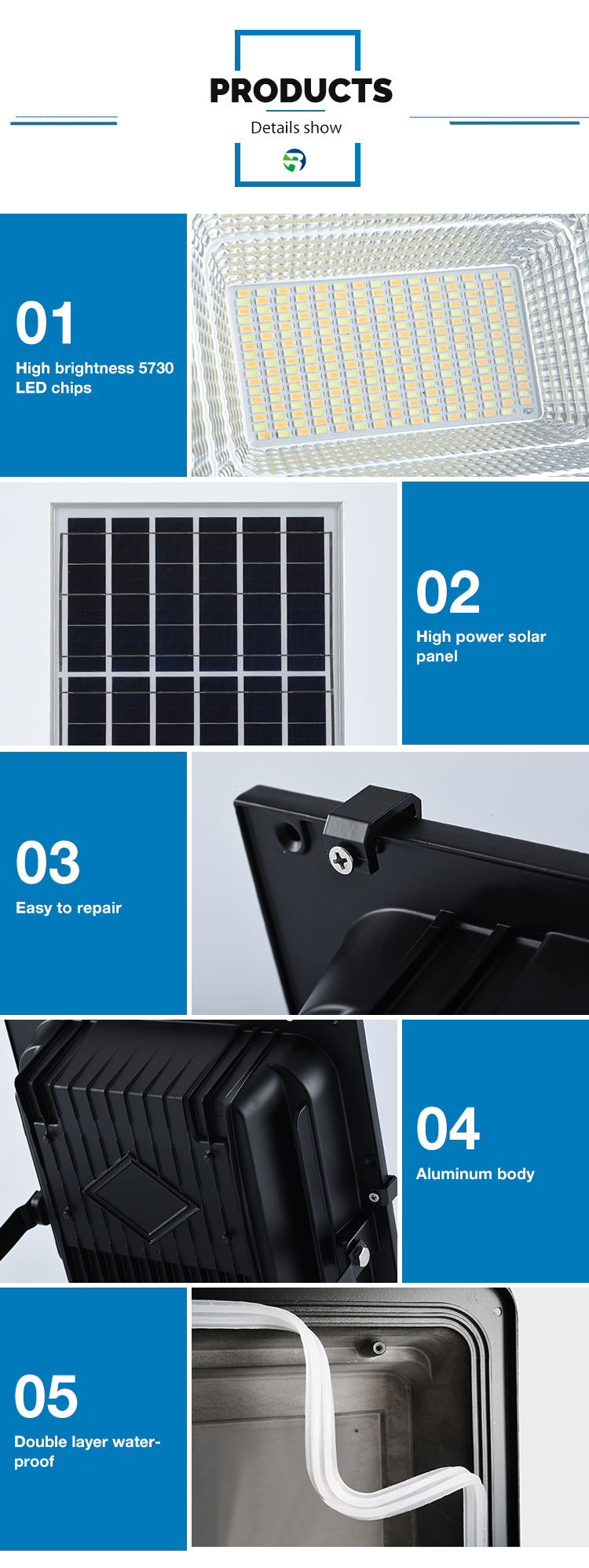 Close up of LED solar flood light features including aluminum body and 5730 LED chips
