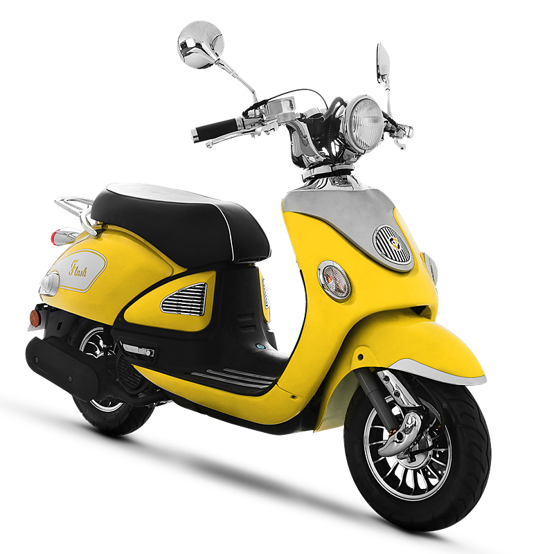 Side profile of yellow and black retro scooter