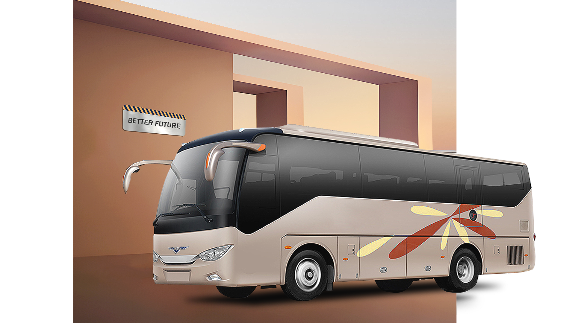 Exterior view of the luxury LHD tourism coach showing aerodynamic design.