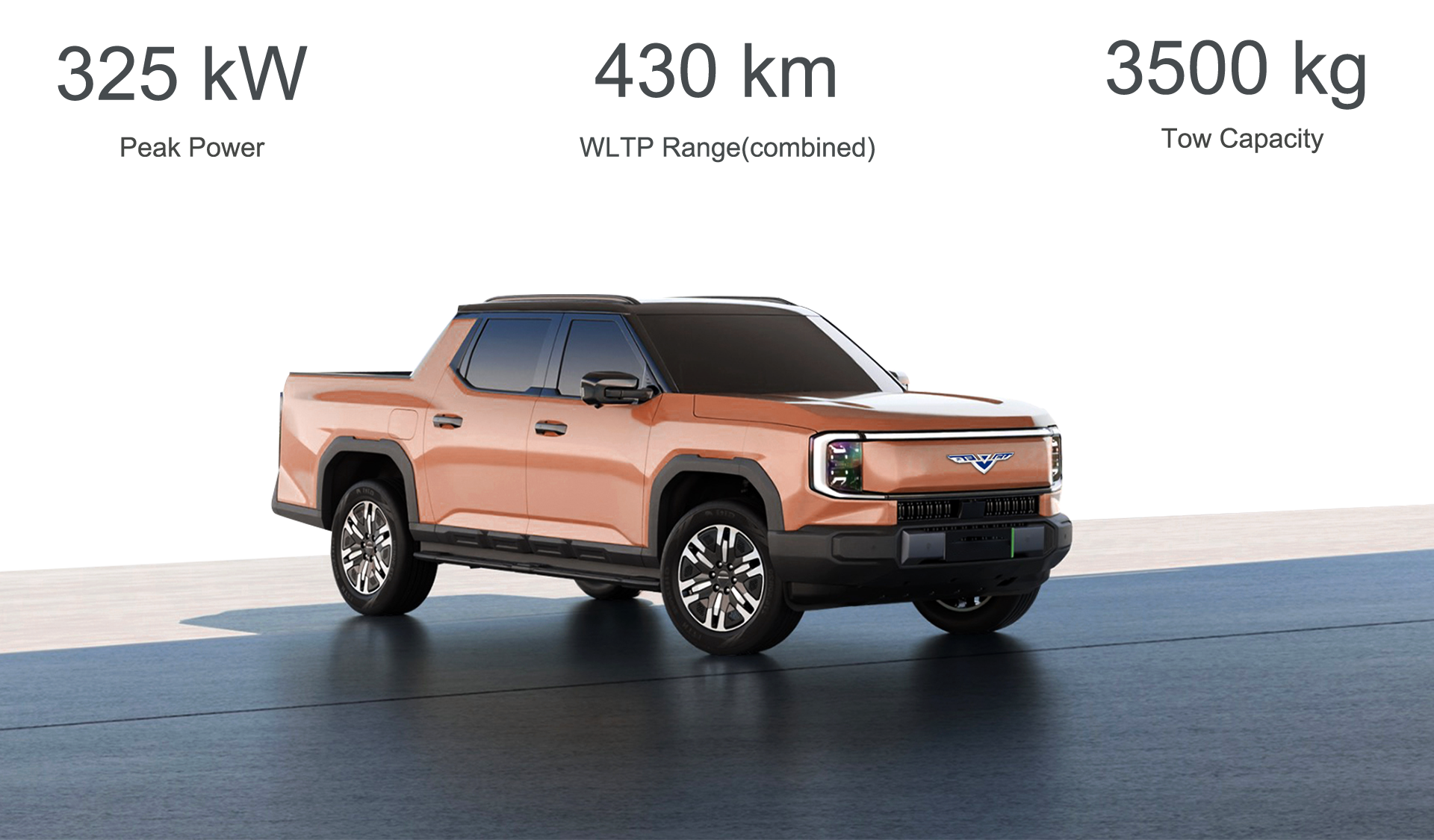 Performance metrics graphic showing 325kW power, 430km range, and 3500kg tow capacity
