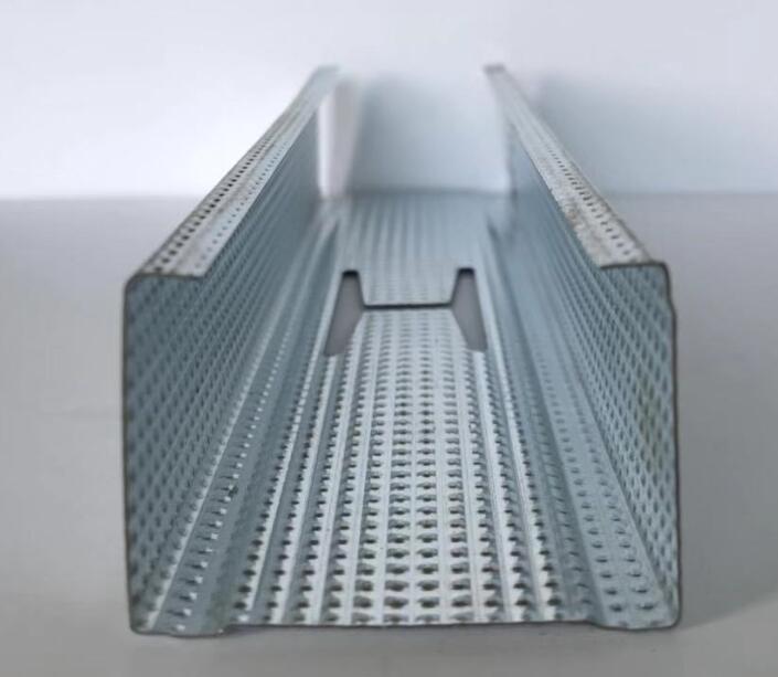 Close-up of galvanized steel stud track showing pre-punched holes and profile design