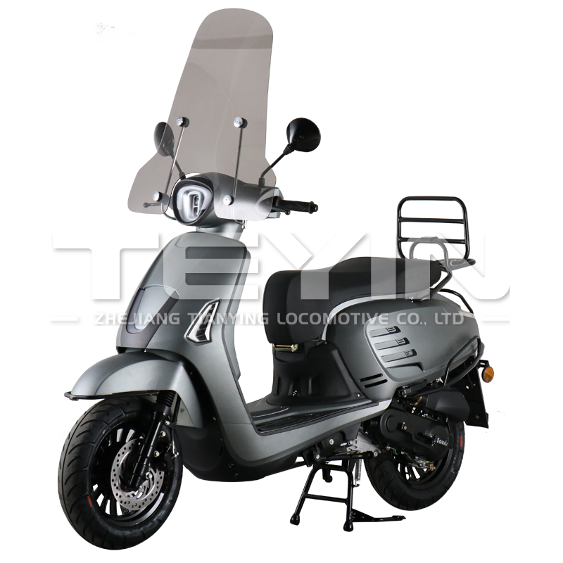 Side profile of the gray urban scooter with windscreen