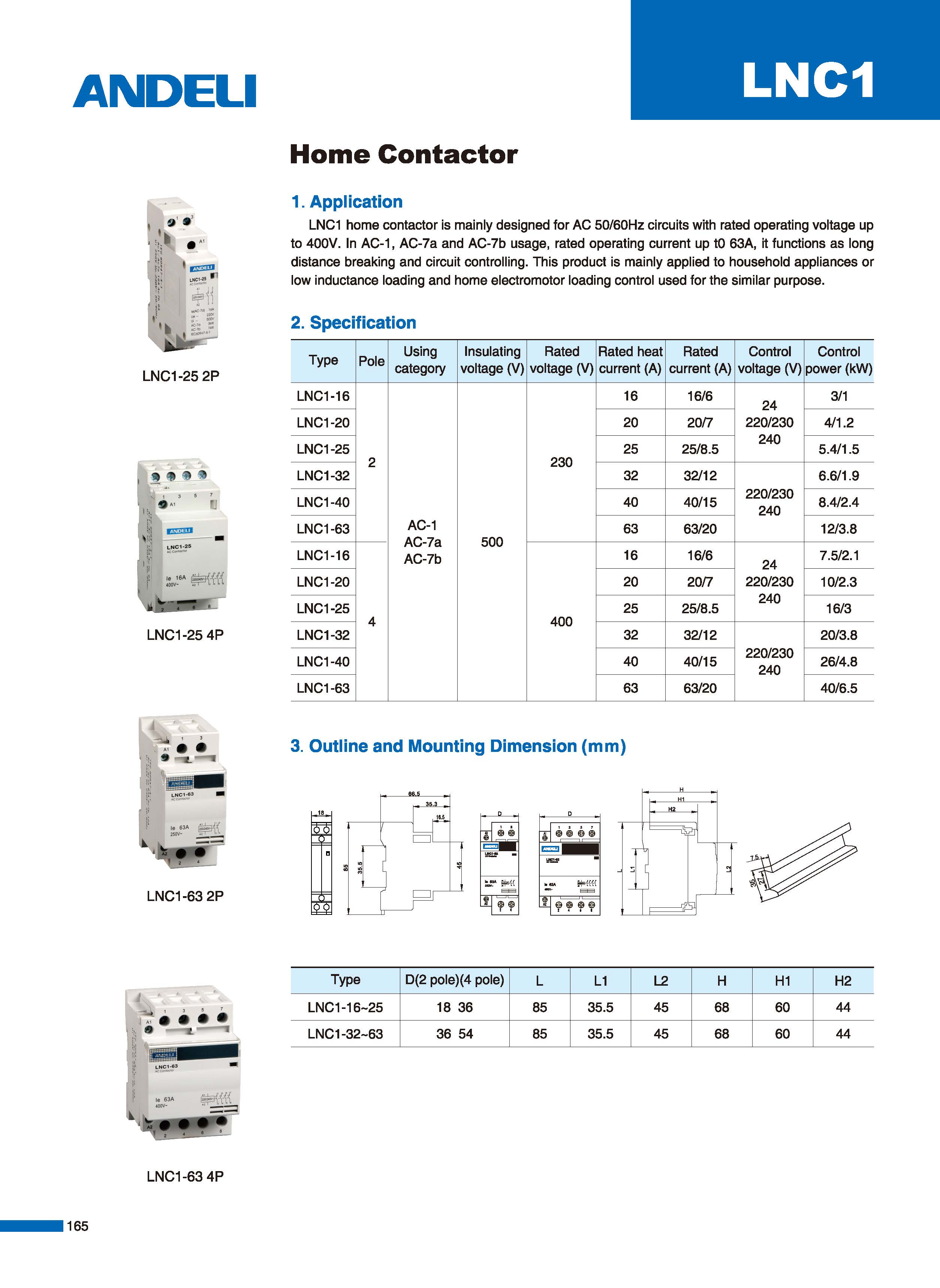 Technical diagram and specification table for LNC-1 contactor