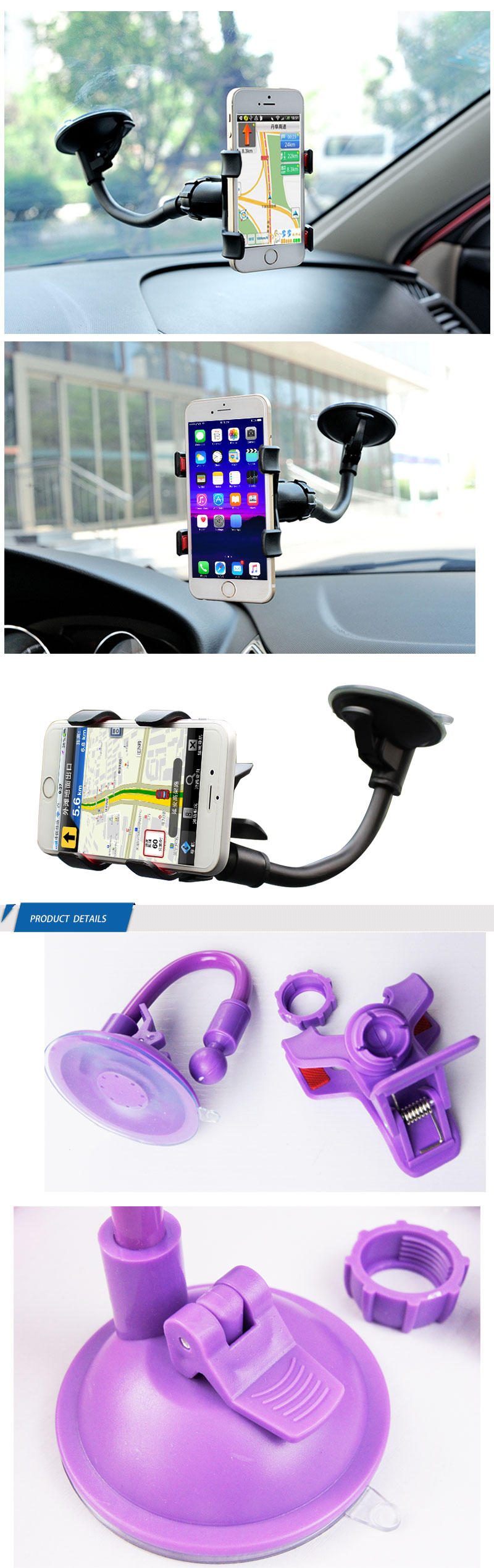Car phone holder mounted on a dashboard showing navigation usage