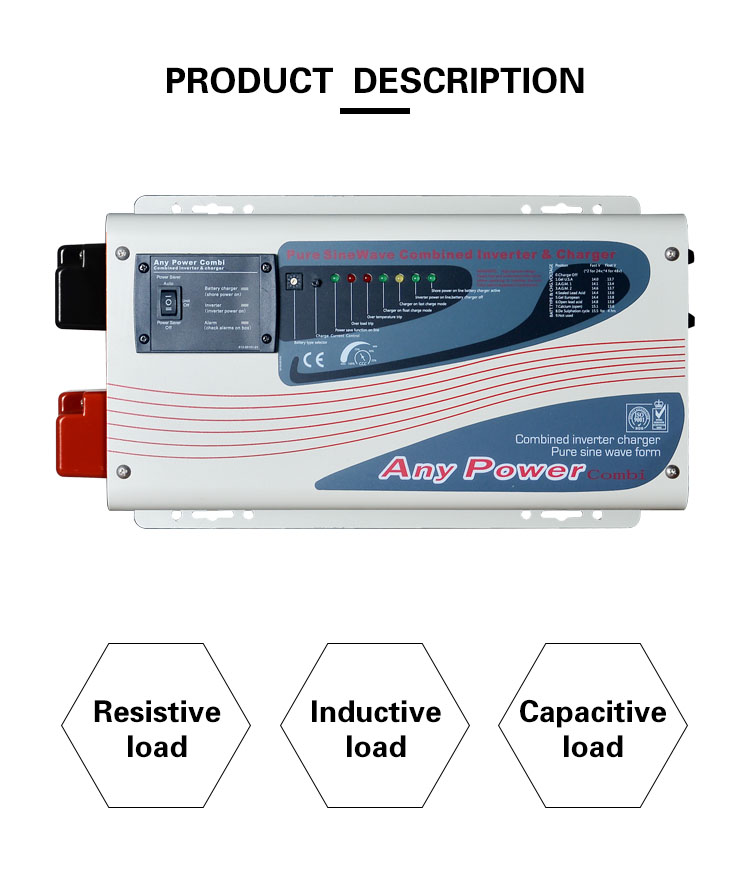 Front panel of the inverter charger showing status indicators and CE certification