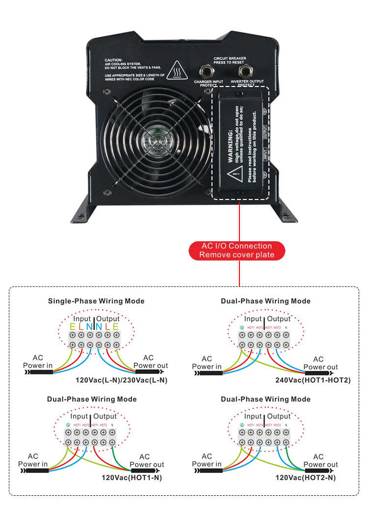 Wiring diagram showing single-phase and dual-phase connection options.