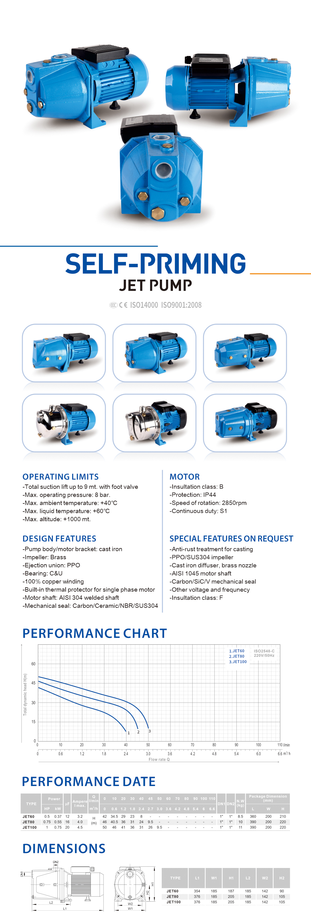 Technical diagram and performance chart for the JET series water pump