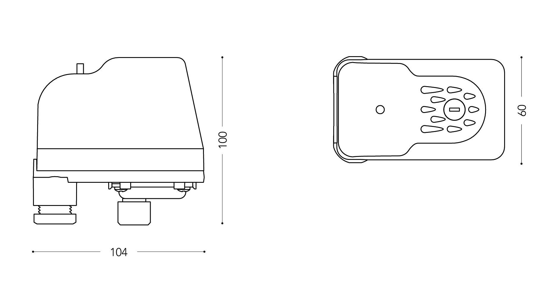Technical diagram showing the length, height, and width dimensions of the low-pressure switch.